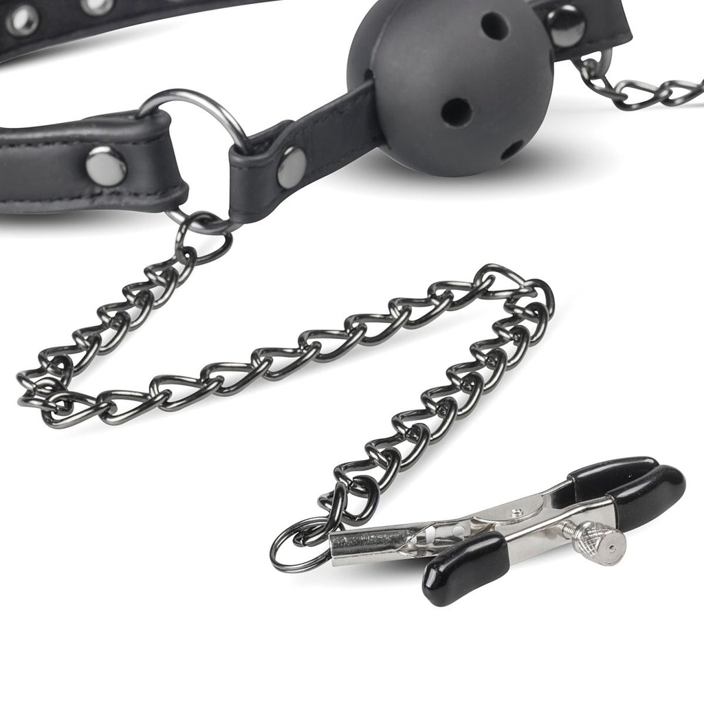 Easytoys Fetish - Offener Ballknebel mit Nippelklemmen