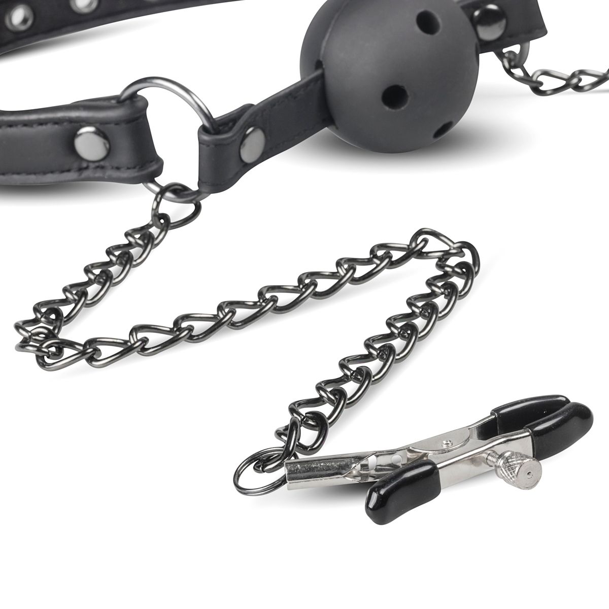 Easytoys Fetish - Offener Ballknebel mit Nippelklemmen