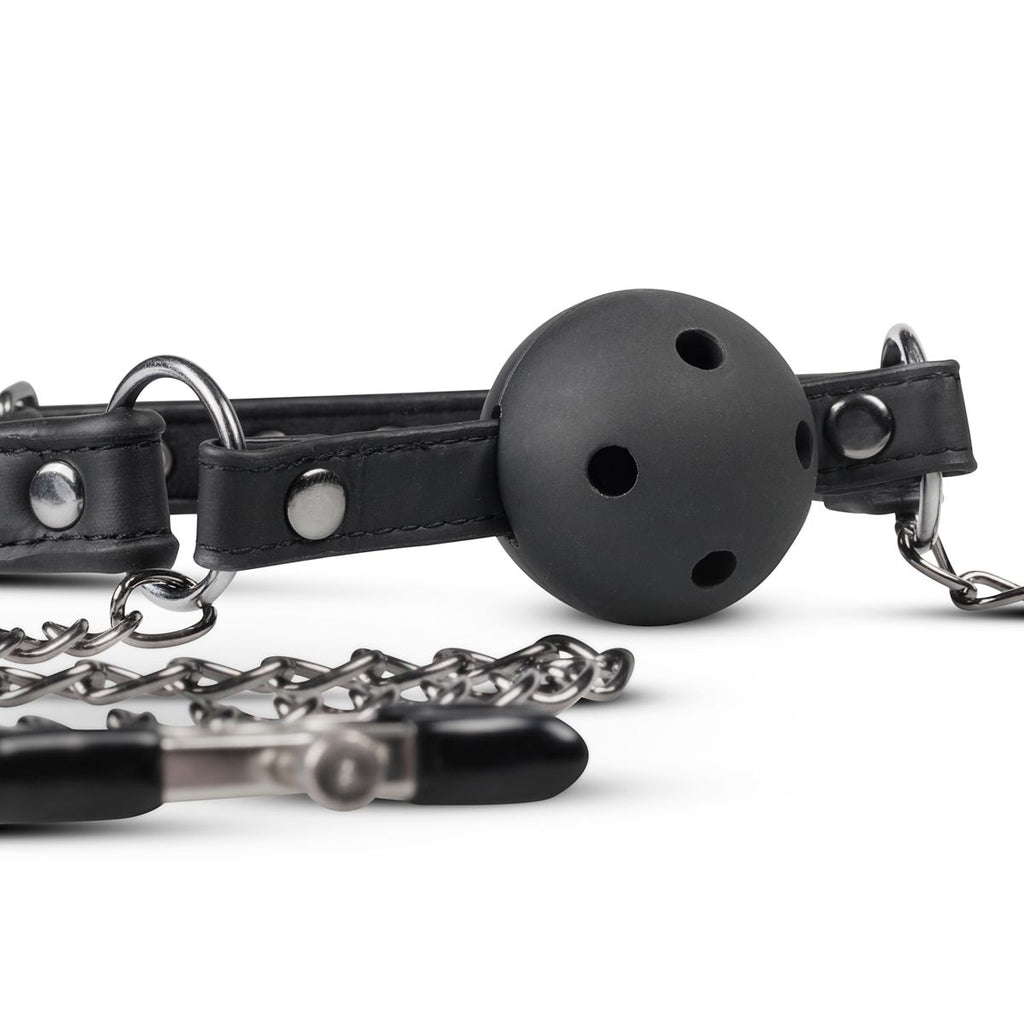 Easytoys Fetish - Offener Ballknebel mit Nippelklemmen