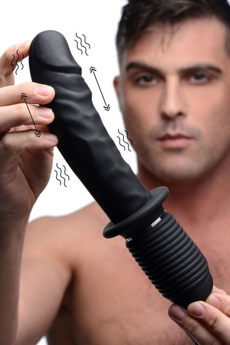 Power Pounder - Großer Schwarzer Dildo mit Vibration und Stoßfunktion - 3 Geschwindigkeitsstufen