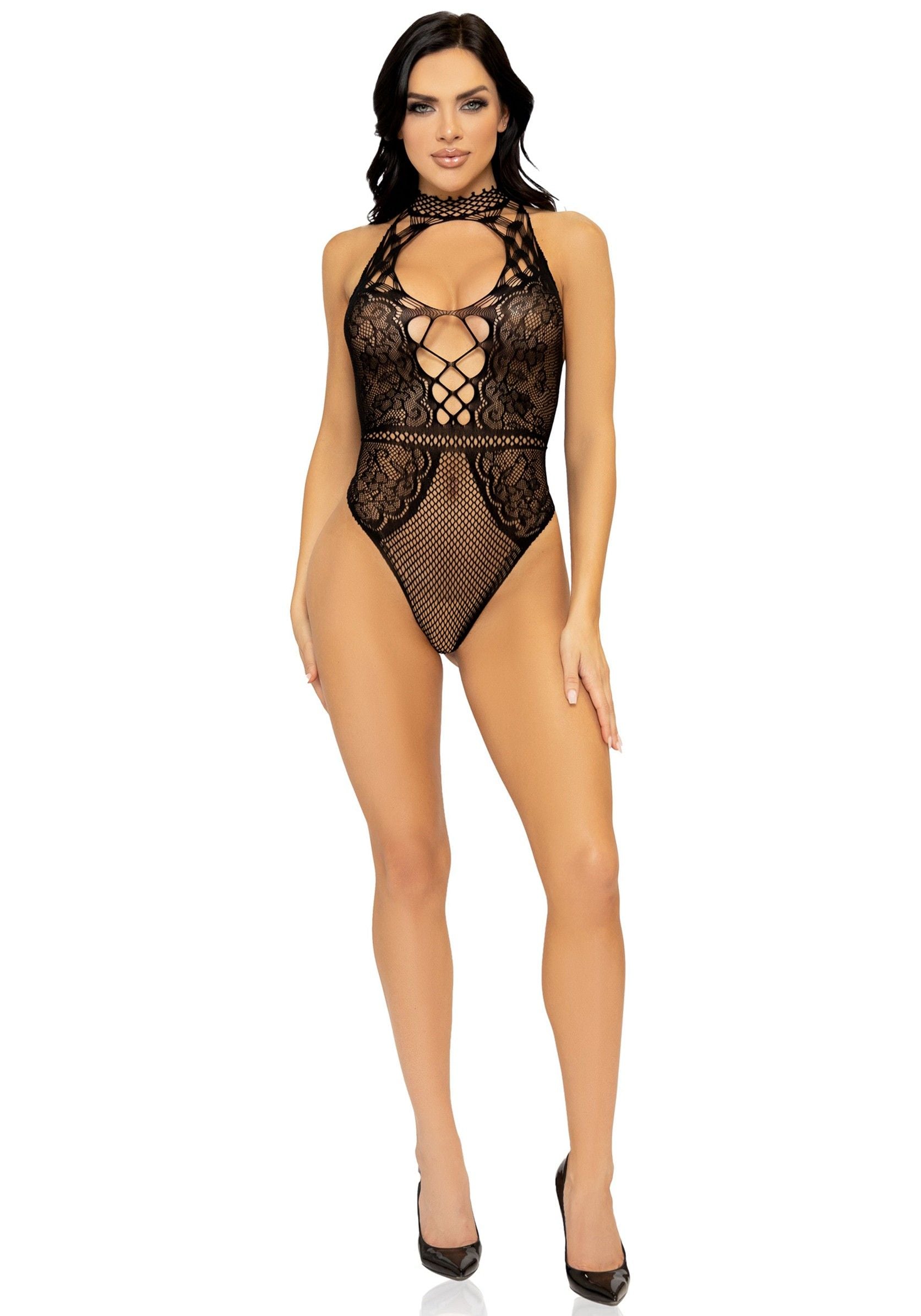Netz-Bodysuit mit Spitze - Schwarz