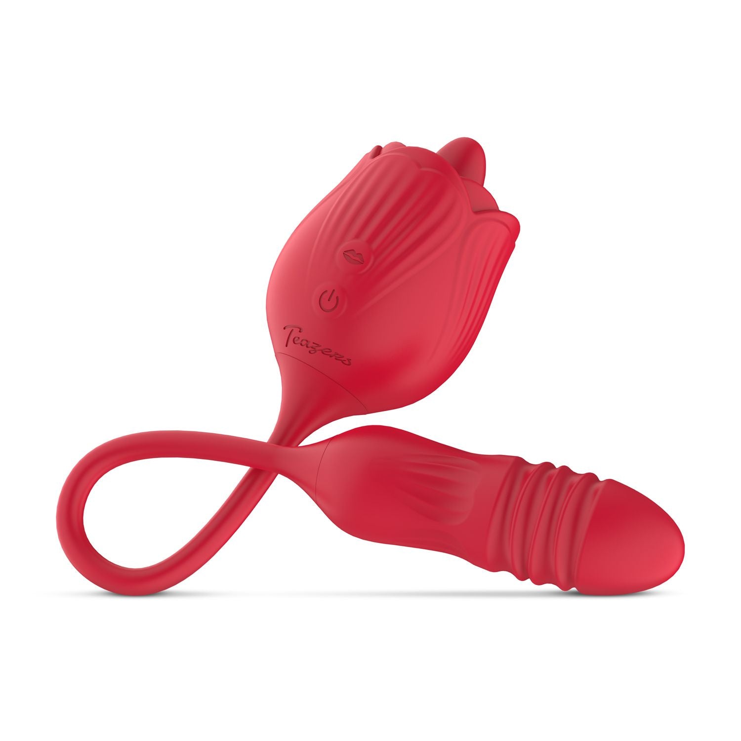 Teazers - Rosen-Vibrator mit leckendem Zungenaufsatz und stoßendem Dildo - Rot