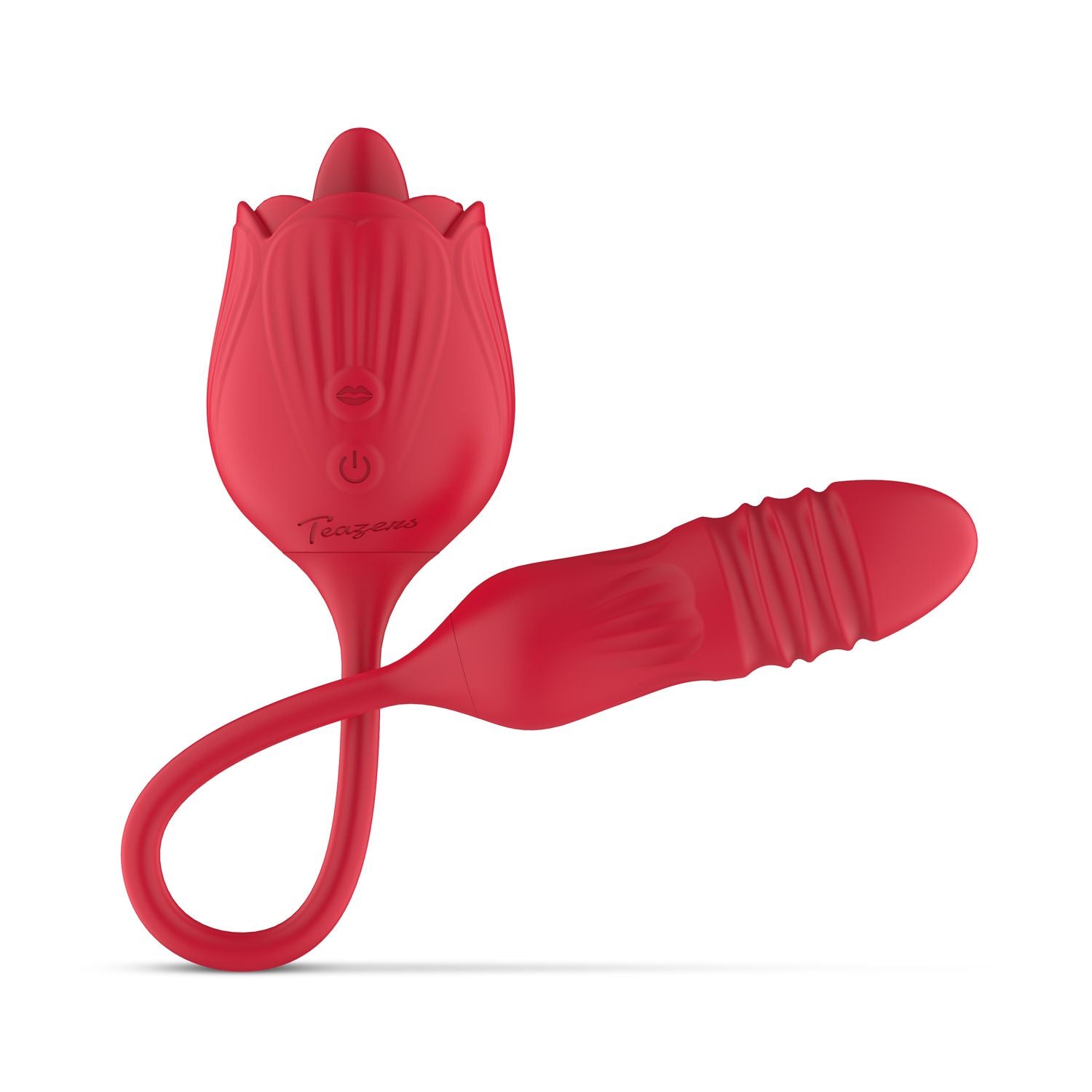 Teazers - Rosen-Vibrator mit leckendem Zungenaufsatz und stoßendem Dildo - Rot