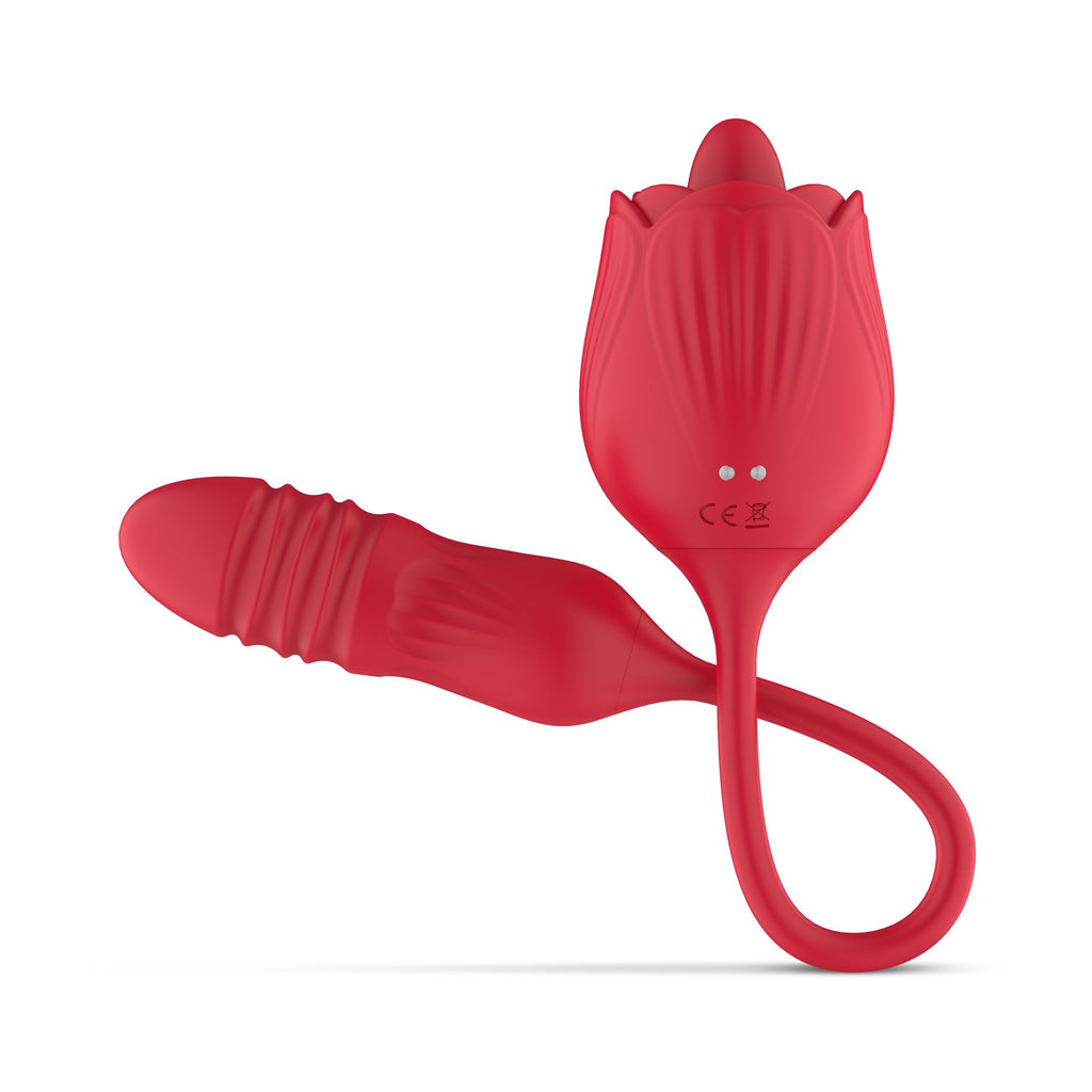 Teazers - Rosen-Vibrator mit leckendem Zungenaufsatz und stoßendem Dildo - Rot