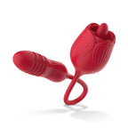 Teazers - Rosen-Vibrator mit leckendem Zungenaufsatz und stoßendem Dildo - Rot