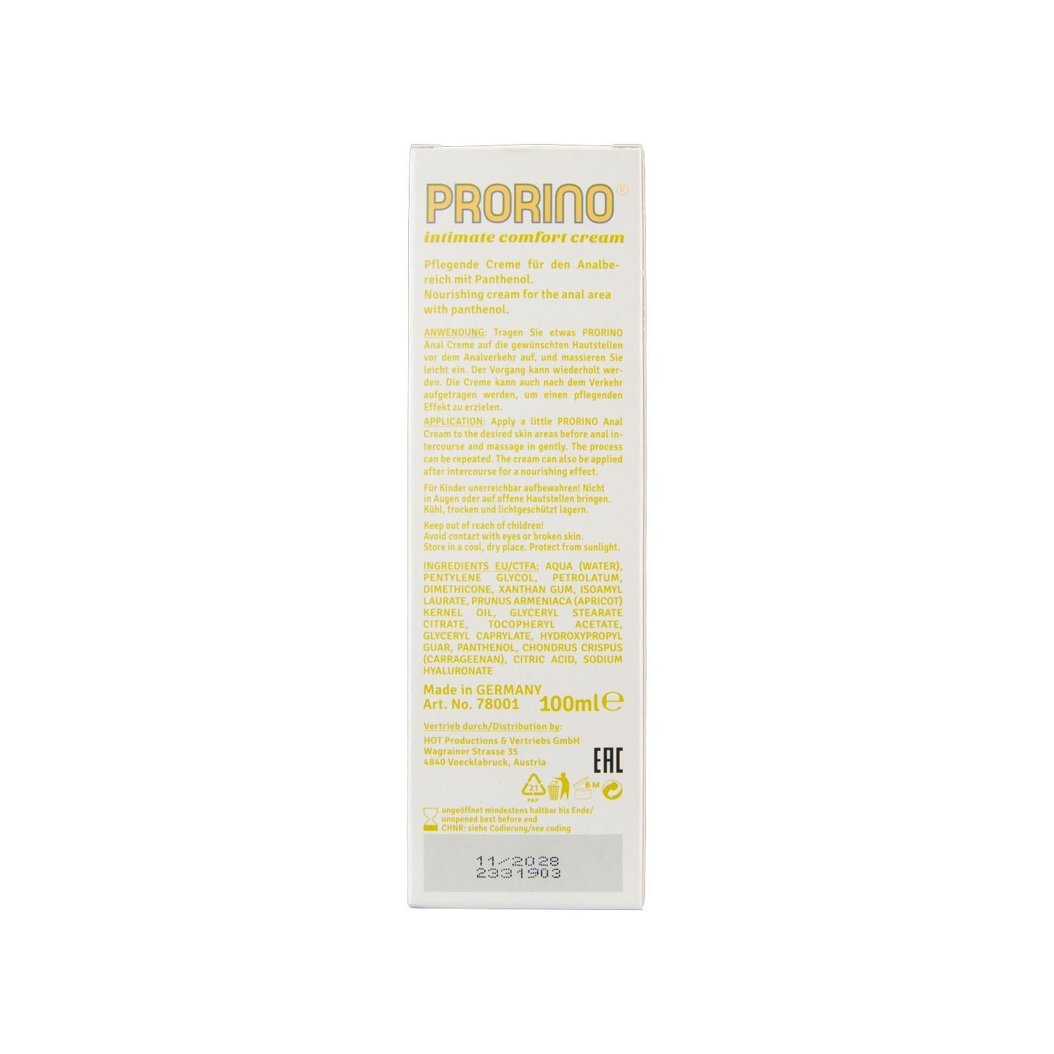 HOT PRORINO Sensitive Anal Comfort Cream 100 ml pflegende Analcreme mit Panthenol