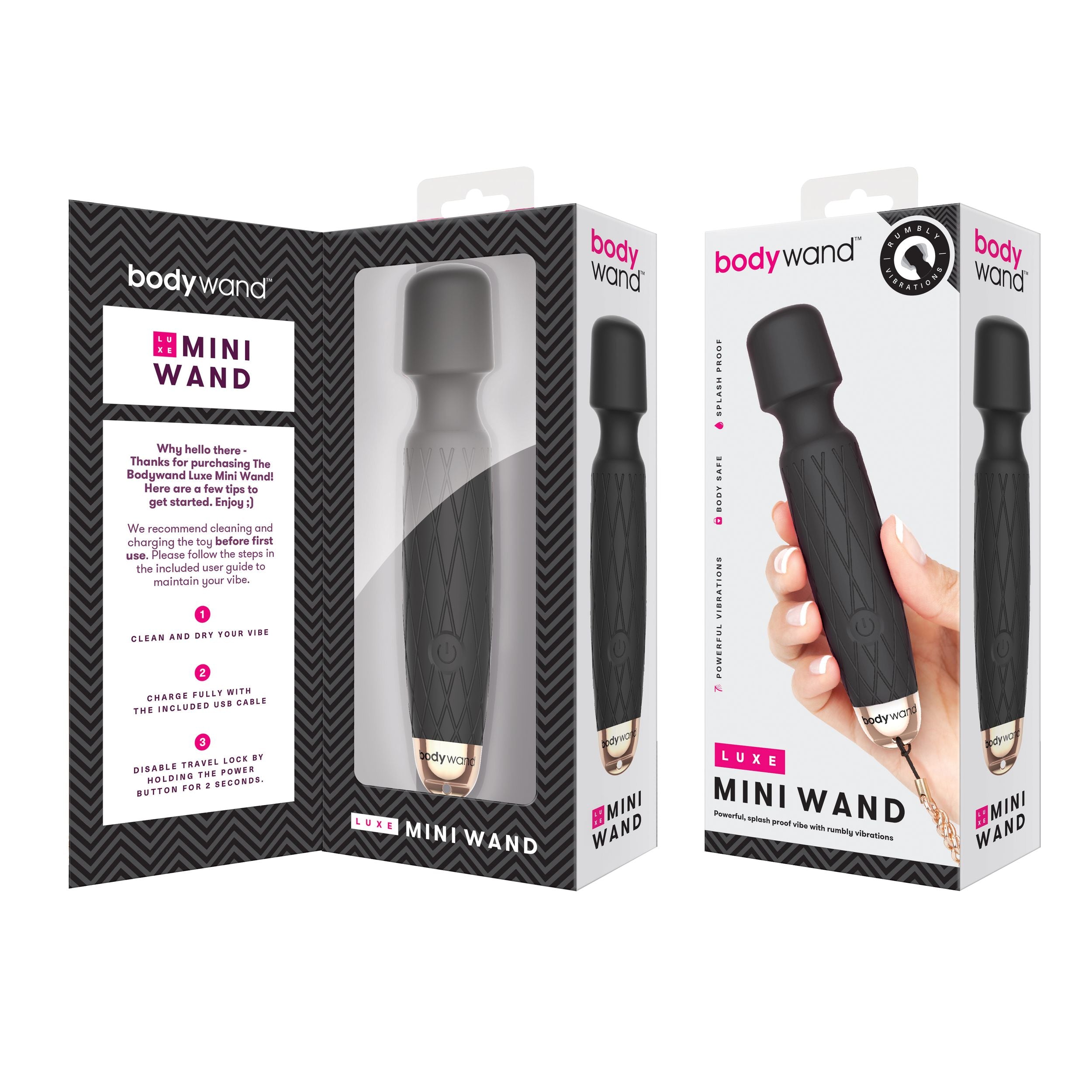 Bodywand - Luxe Mini USB Wand Vibrator - Schwarz mit Roségoldenem Armband