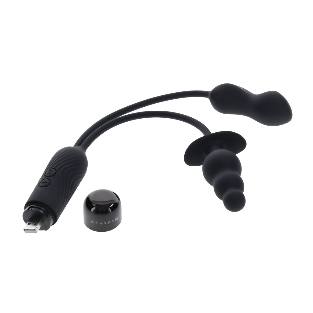 Evolved Novelties - Double My Pleasure Doppelvibrator mit Buttplug - Schwarz