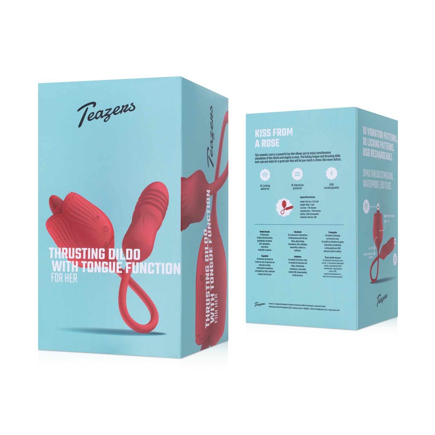 Teazers - Rosen-Vibrator mit leckendem Zungenaufsatz und stoßendem Dildo - Rot
