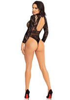 Leg Avenue - Spitzen-Bodysuit mit Hohem Kragen - Schwarz