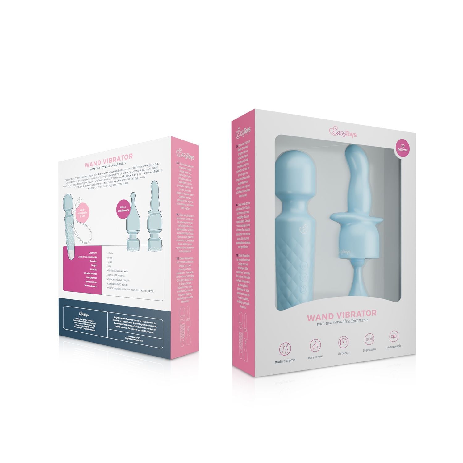 EasyToys - Mini Wand Vibrator - Blau mit 18 Stufen und 2 Aufsätzen