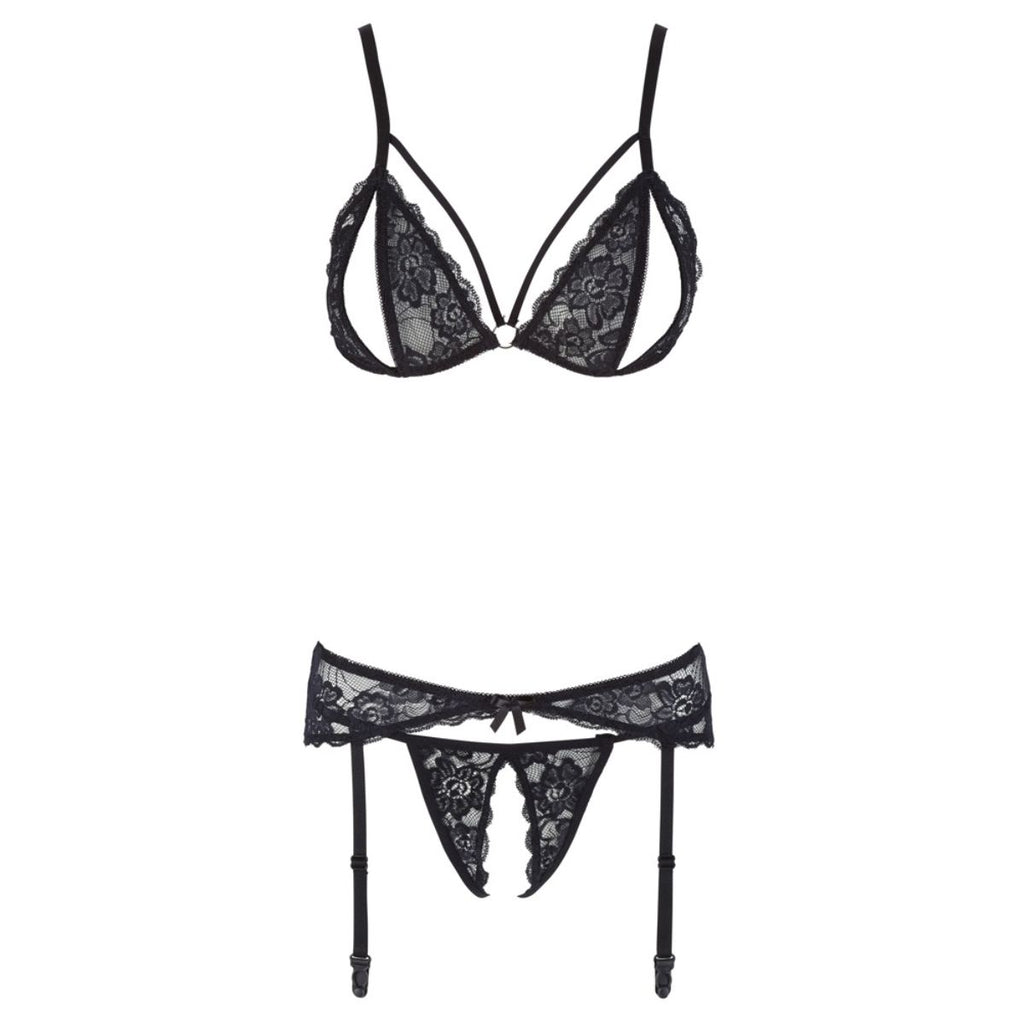Cottelli Collection - 3-Delige Jarretelset Met Open Cup & Open Kruis
