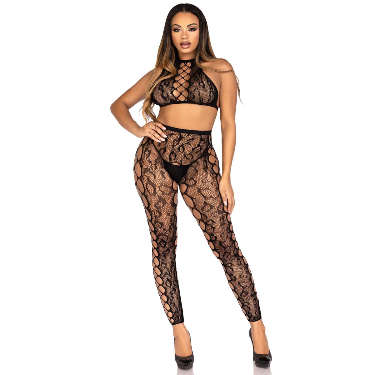 Leg Avenue - Crop Top und Offene Schritt Strumpfhose - Schwarz